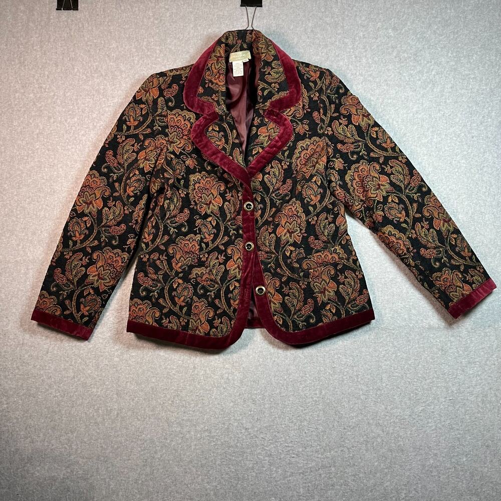 Territory Ahead Blazer Jacket Size 10 Floral Brocade Maroon Velvet Trim Tapestry